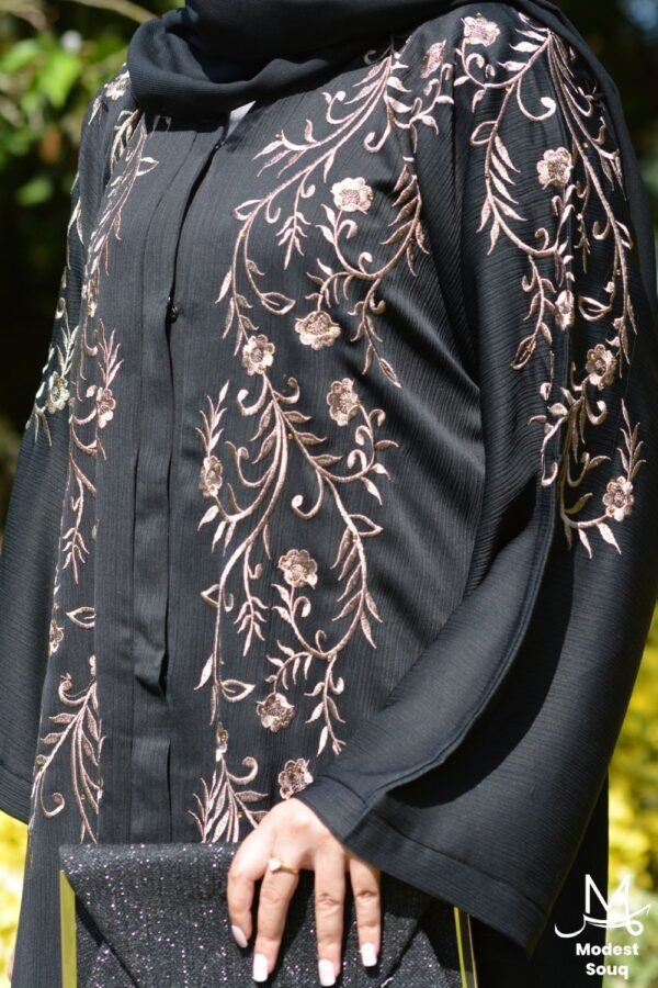 black and gold open abaya