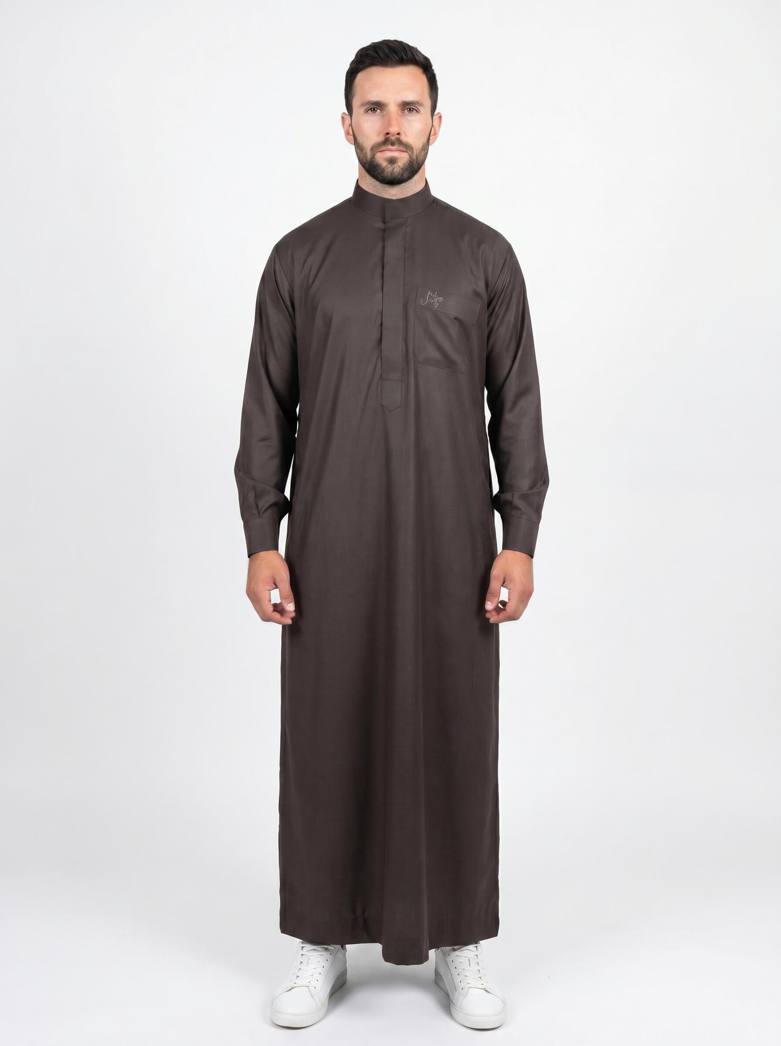 Brown Collared Thobe concealed zip finish