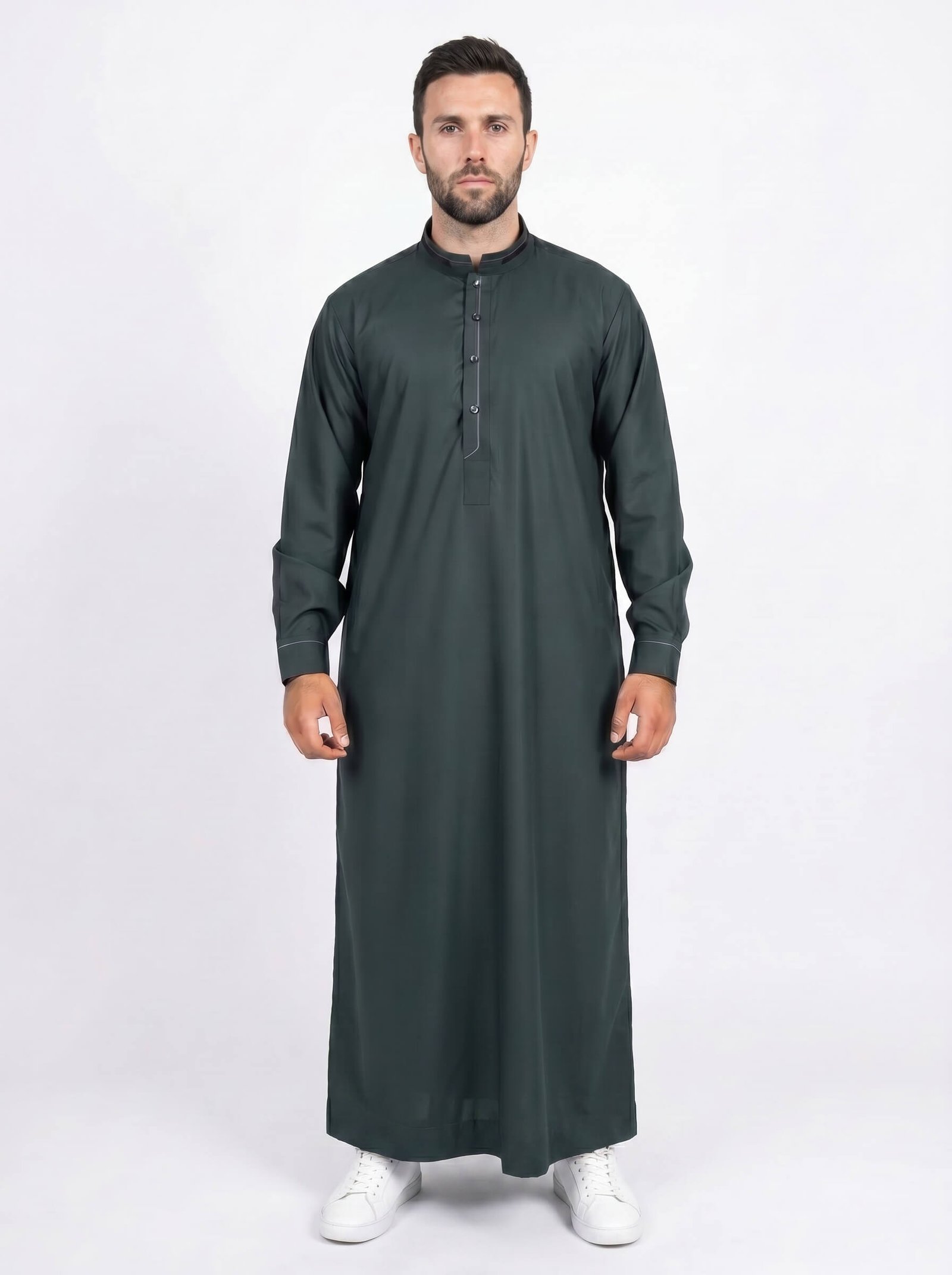 Dark Green Collared Thobe with Grey Design