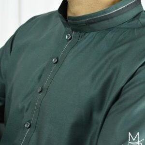 Dark Green Collared Thobe with Grey Design