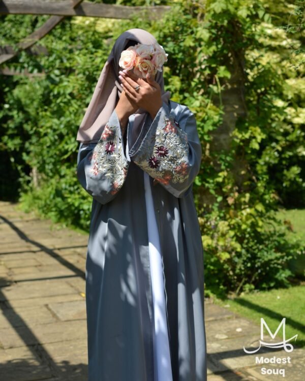Sara Grey Floral Abaya - Image 2