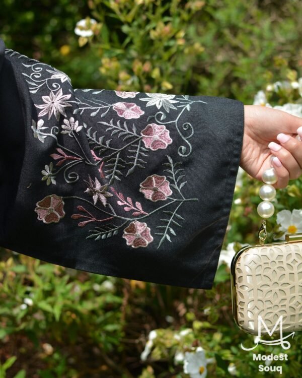 Amaaya Black Linen Floral Abaya - Image 3