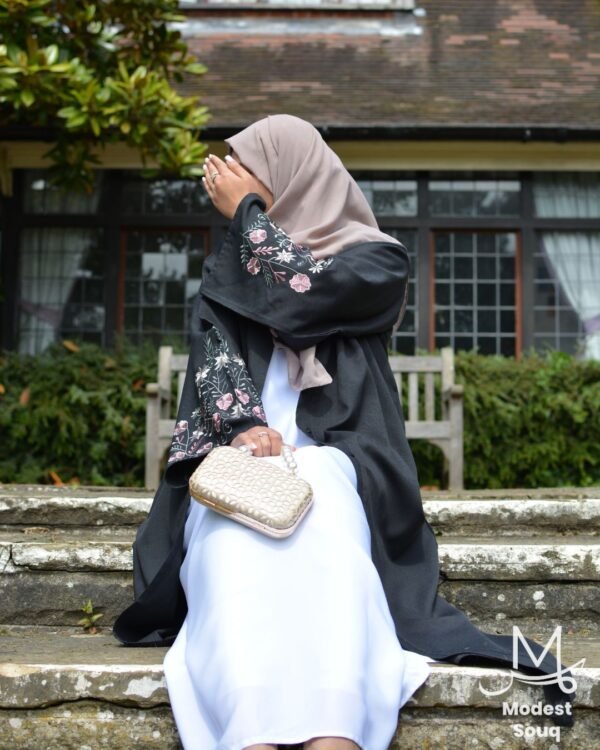 Amaaya Black Linen Floral Abaya - Image 2