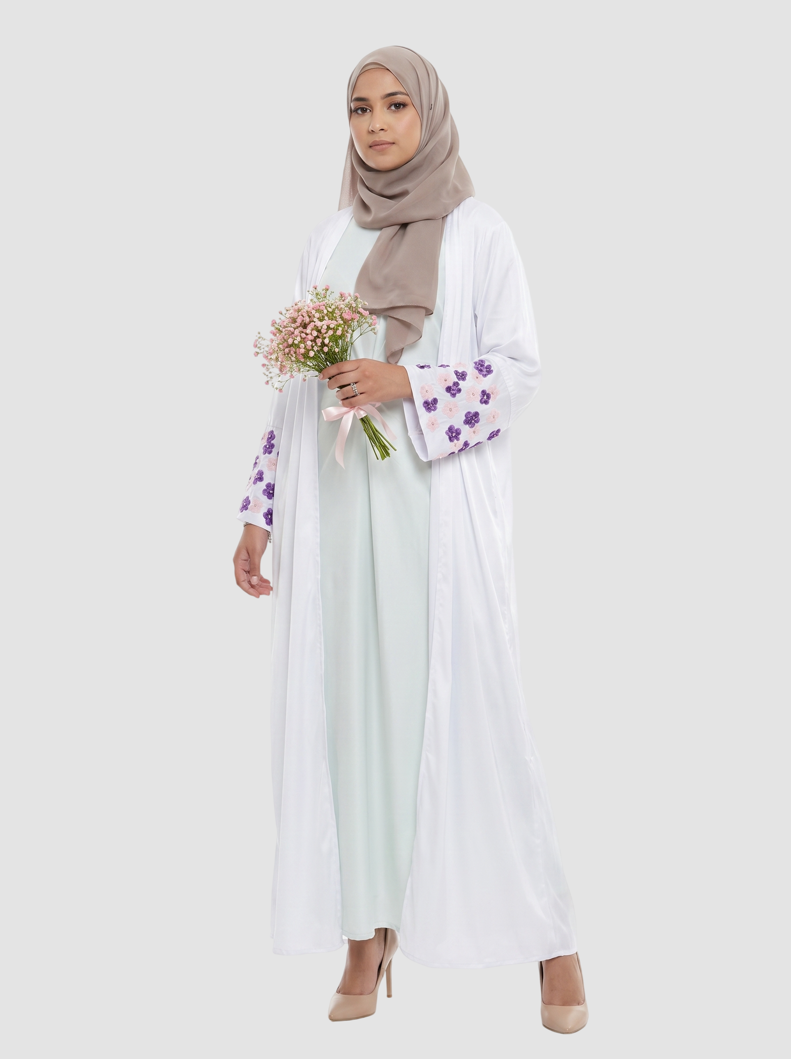 Fatimah - White Abaya with Pink & Purple floral