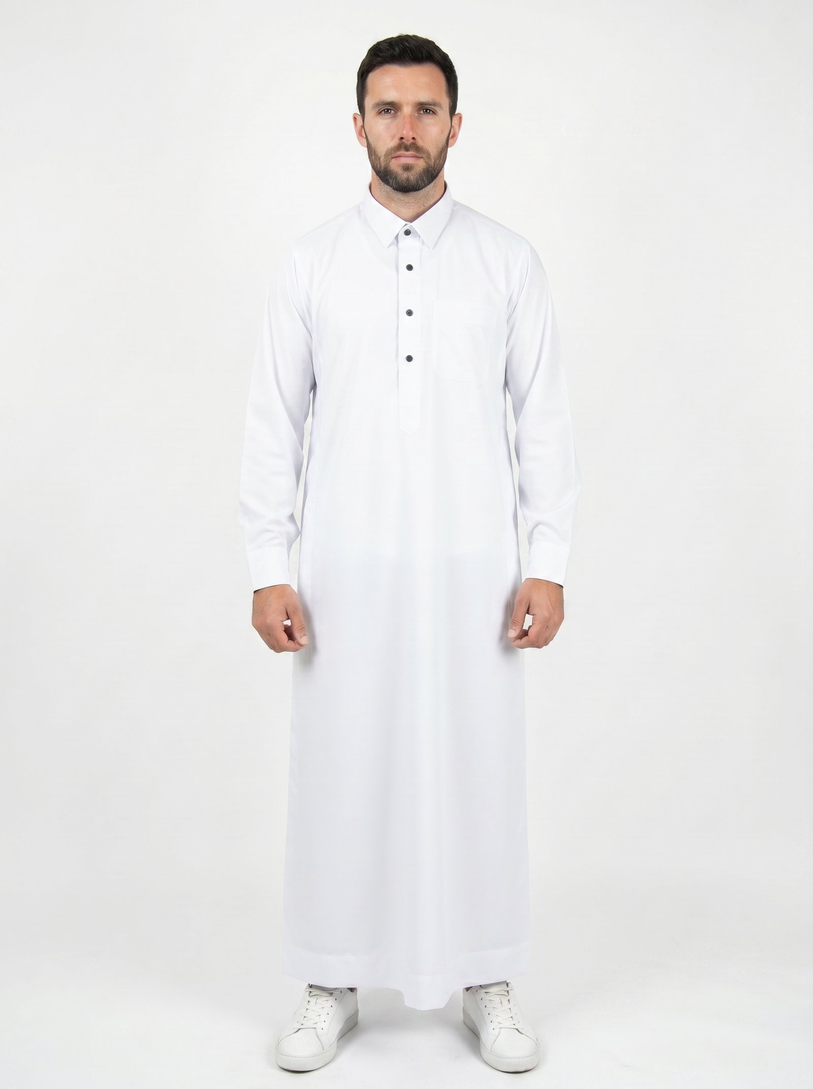 White Collared Formal Thobe with Black Buttons
