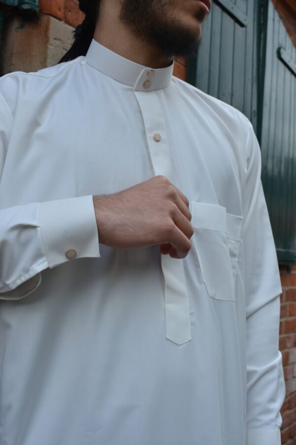 Collared Thobe with Gold & White buttons - Luxury Off white - Image 3