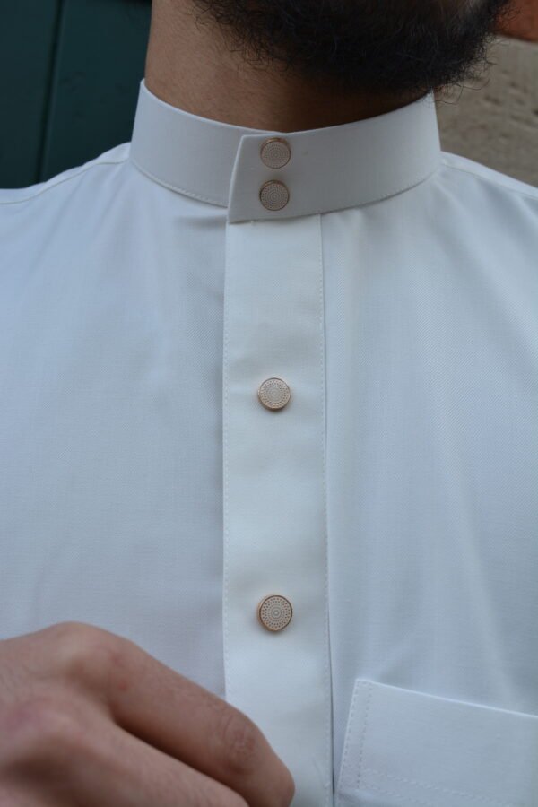 Collared Thobe with Gold & White buttons - Luxury Off white