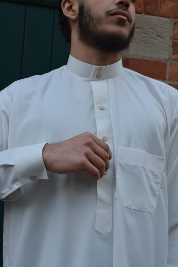 Collared Thobe with Gold & White buttons - Luxury Off white - Image 2