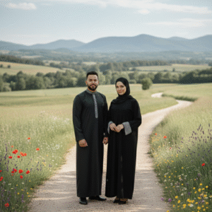 Elegant Couples Set: Alayna Black Abaya and Black & grey Thobe