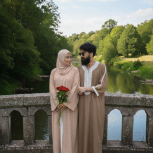 Elegant Couples Set: Amaaysa Peach Abaya and Tan Moroccan Thobe