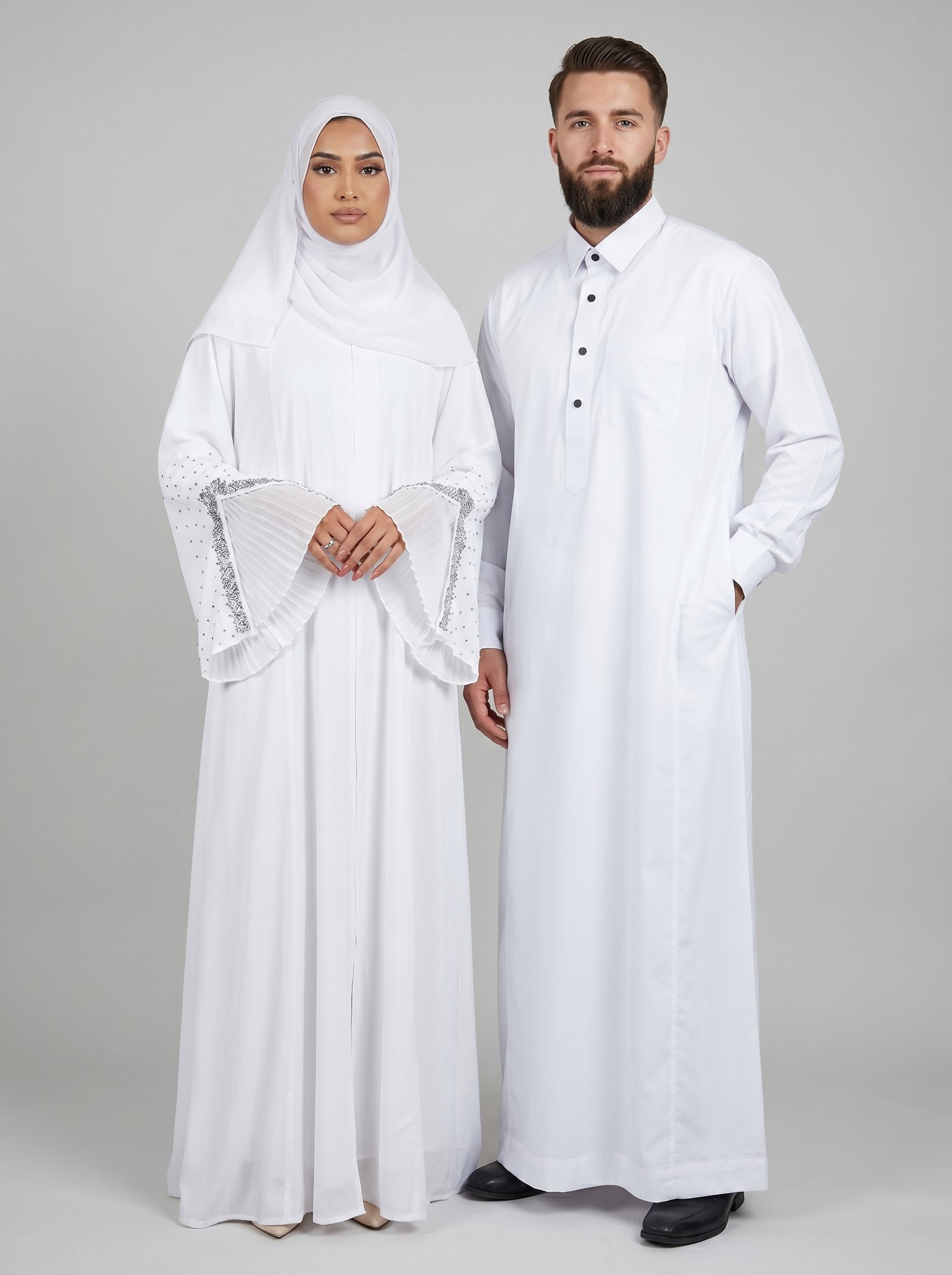 Couples Set Safiyyah Bridal White Abaya and White collared thobe