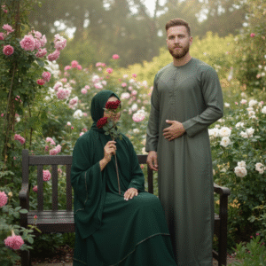 Elegant Couples Set: Green Abaya & Green Emirati Thobe