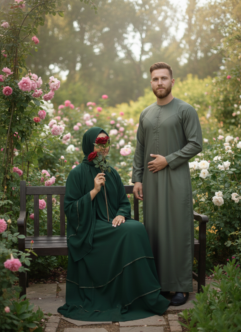 Elegant Couples Set: Green Abaya & Green Emirati Thobe