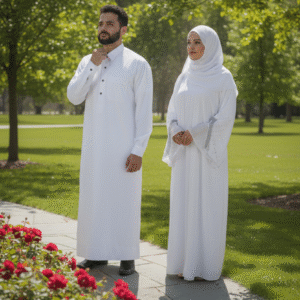 Elegant Couples Set: Safiyyah Bridal White Abaya and White collared thobe