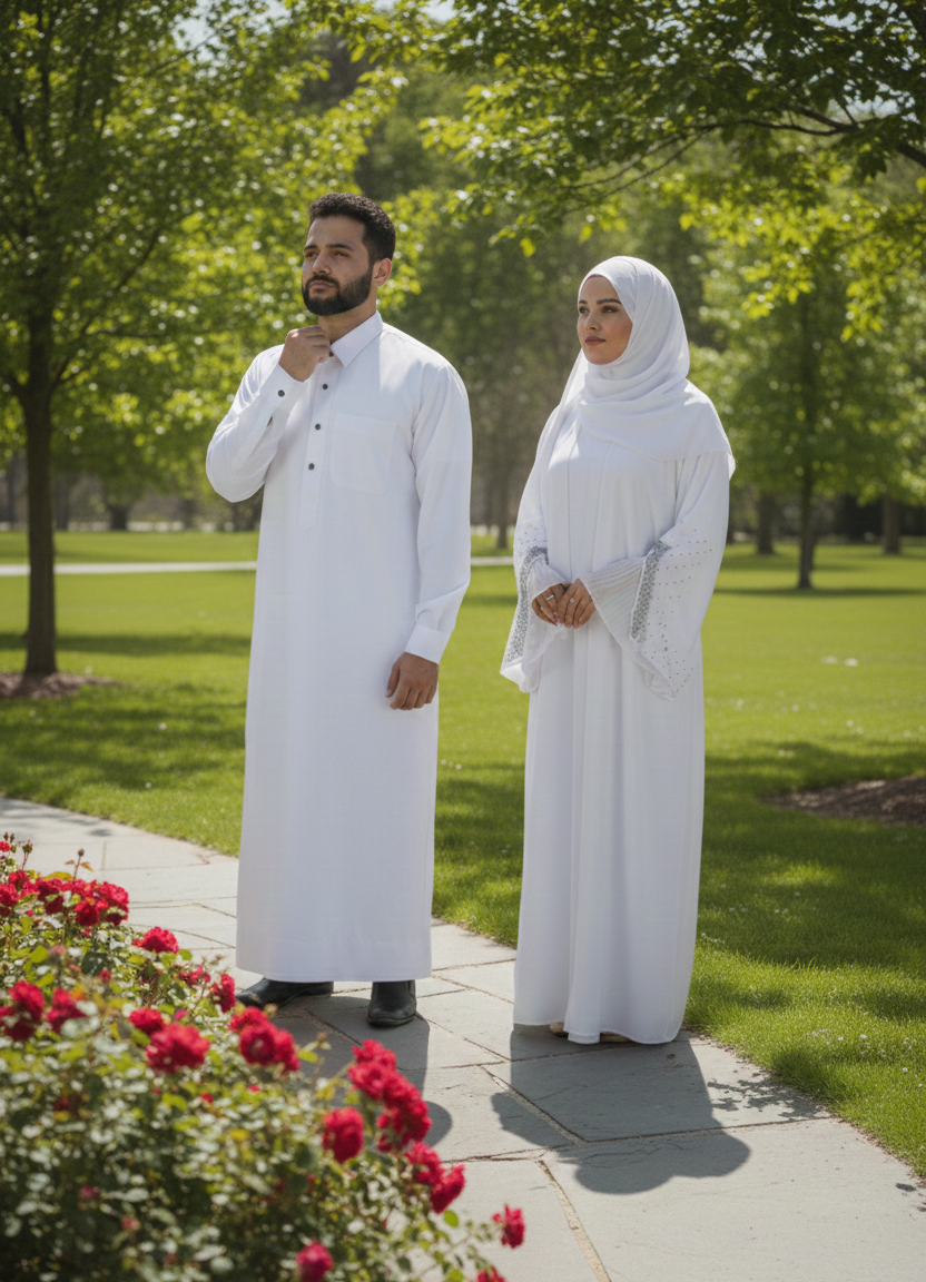 Elegant Couples Set: Safiyyah Bridal White Abaya and White collared thobe