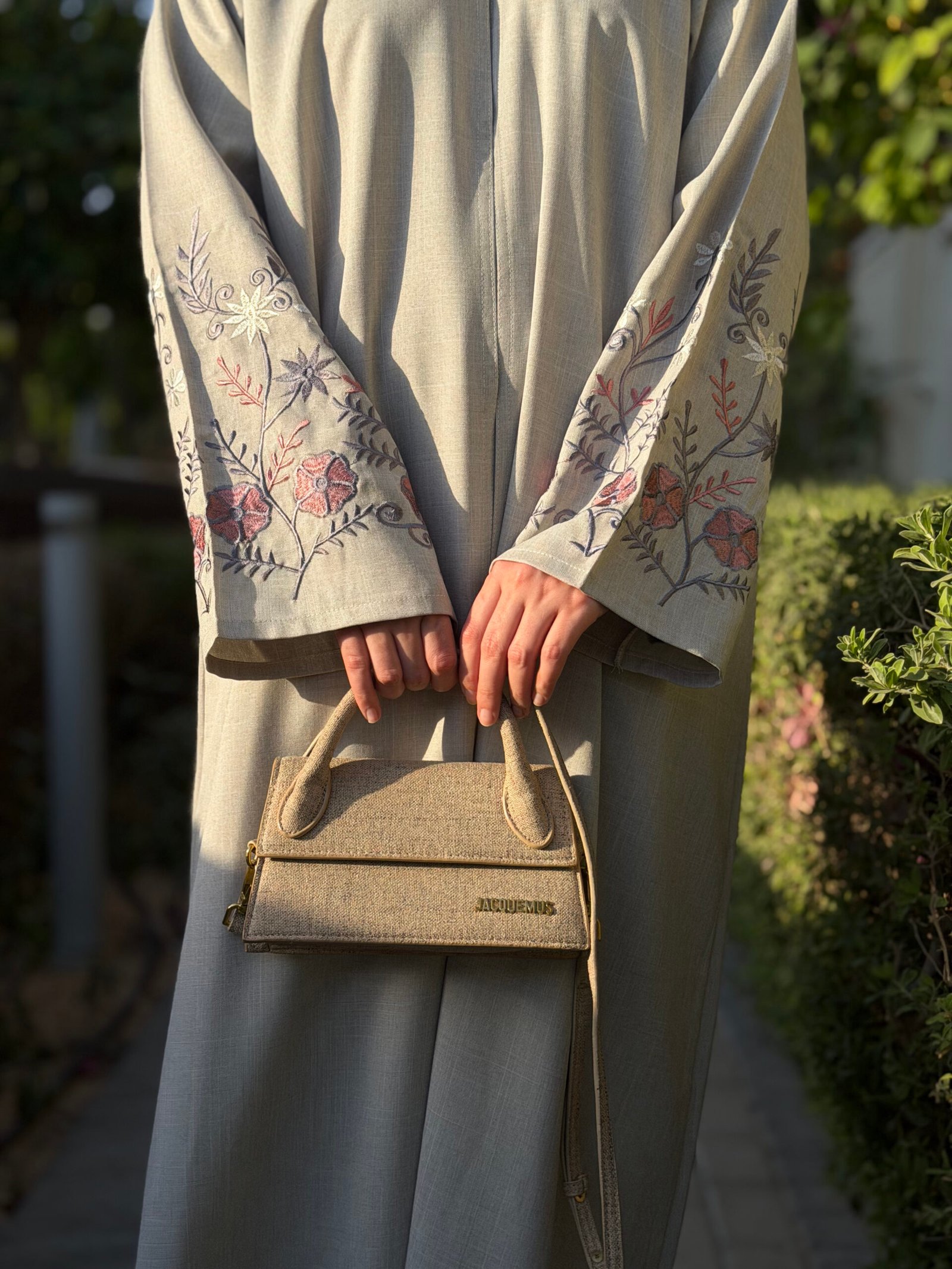 Grey Linen Floral Abaya Close up view
