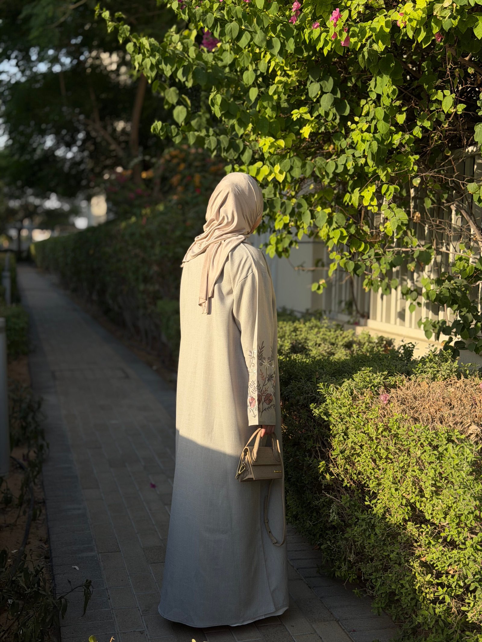 Grey Linen Floral Abaya back view