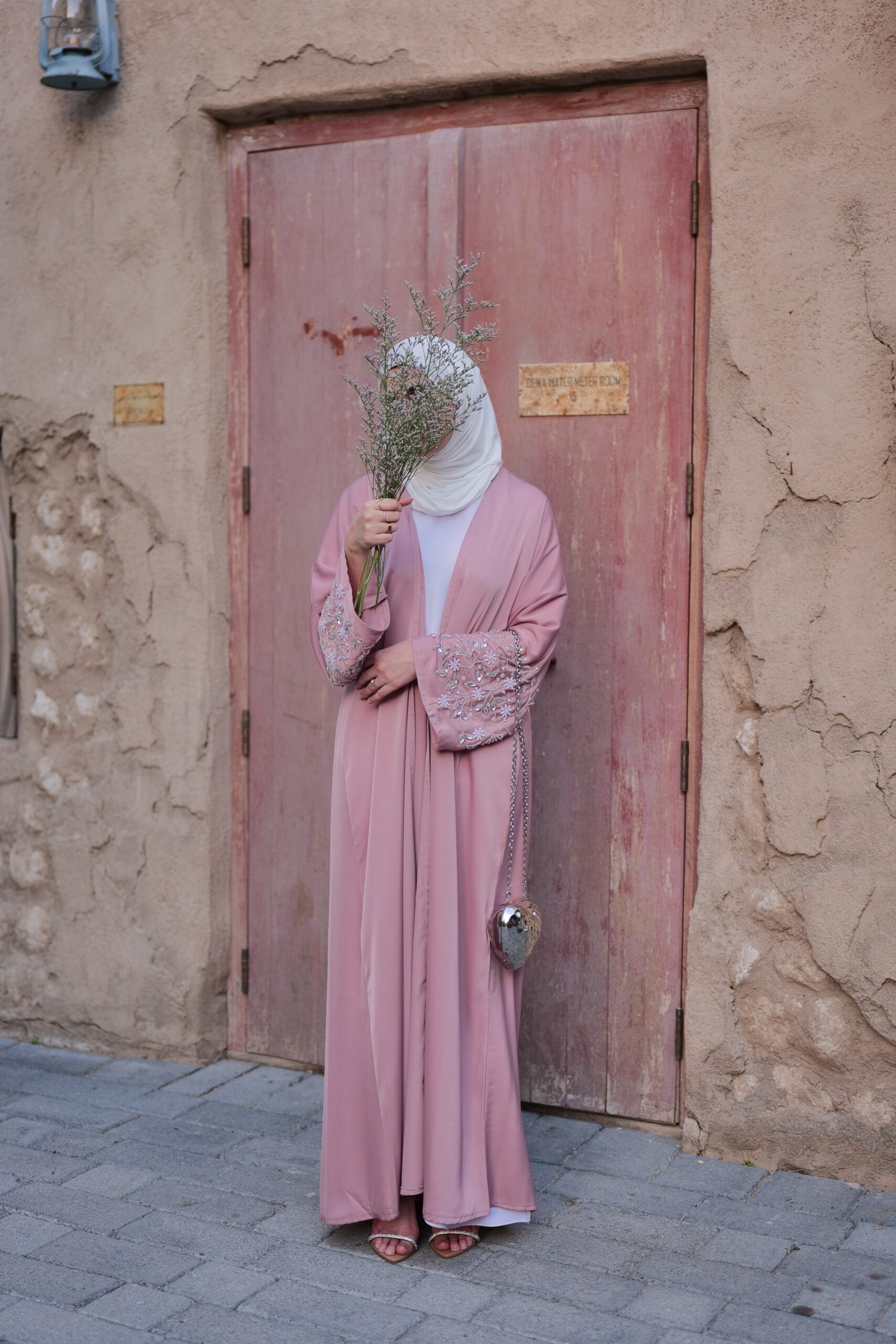 Malikaah Champagne Rose detailed abaya full view