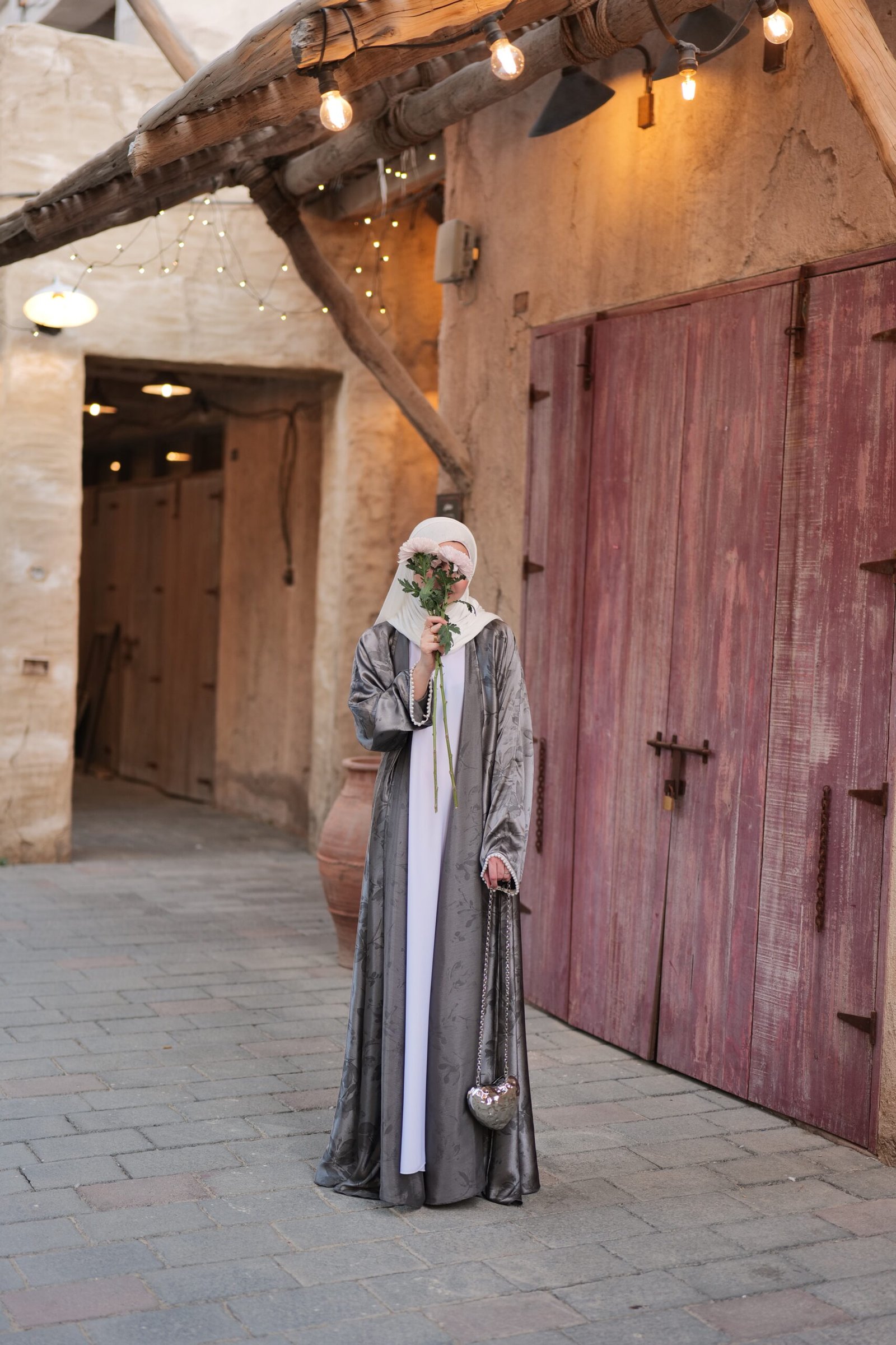 slate blue grey pearl sleeve floral print abaya full view