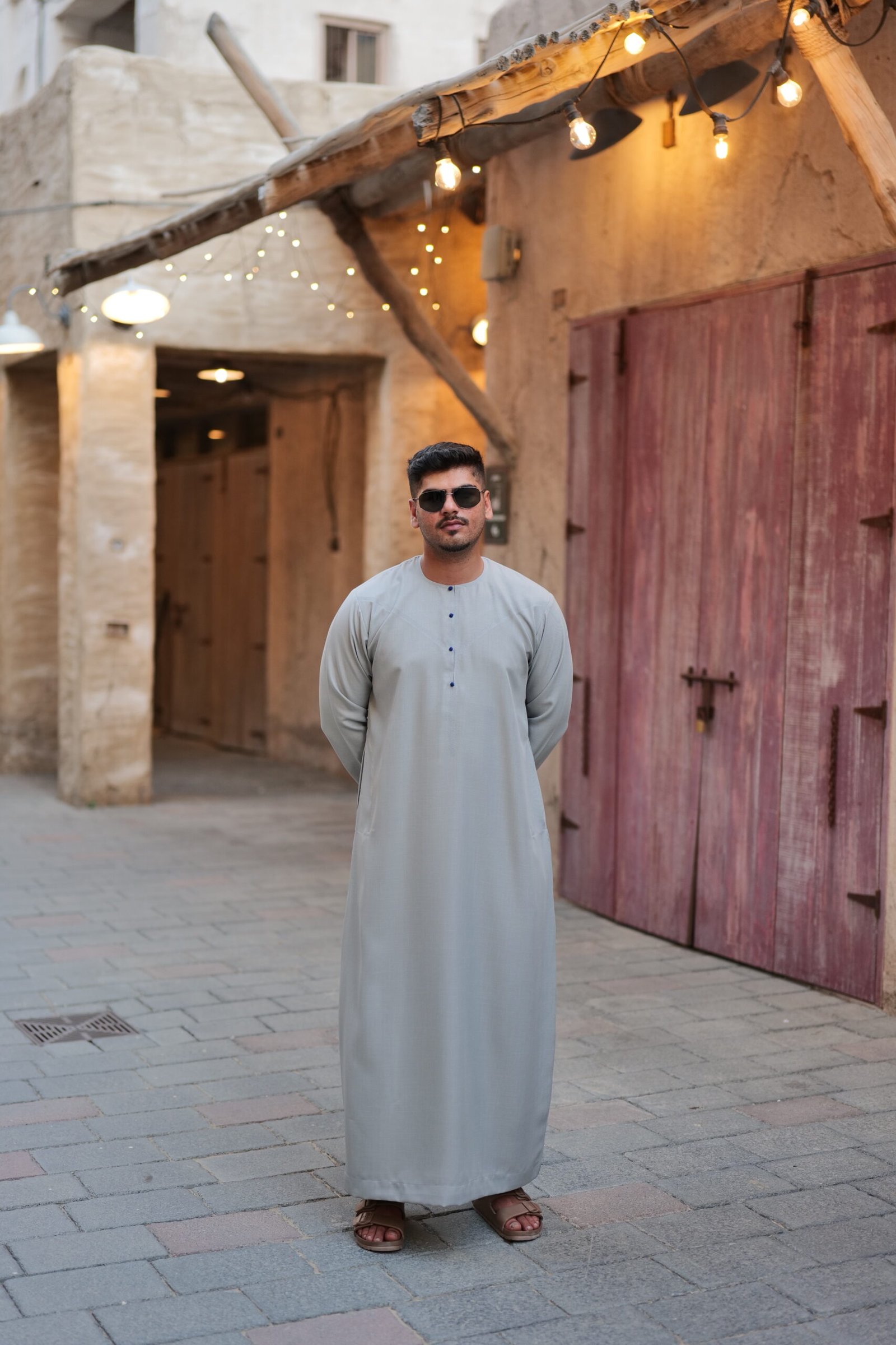 Grey thobe with blue button full view