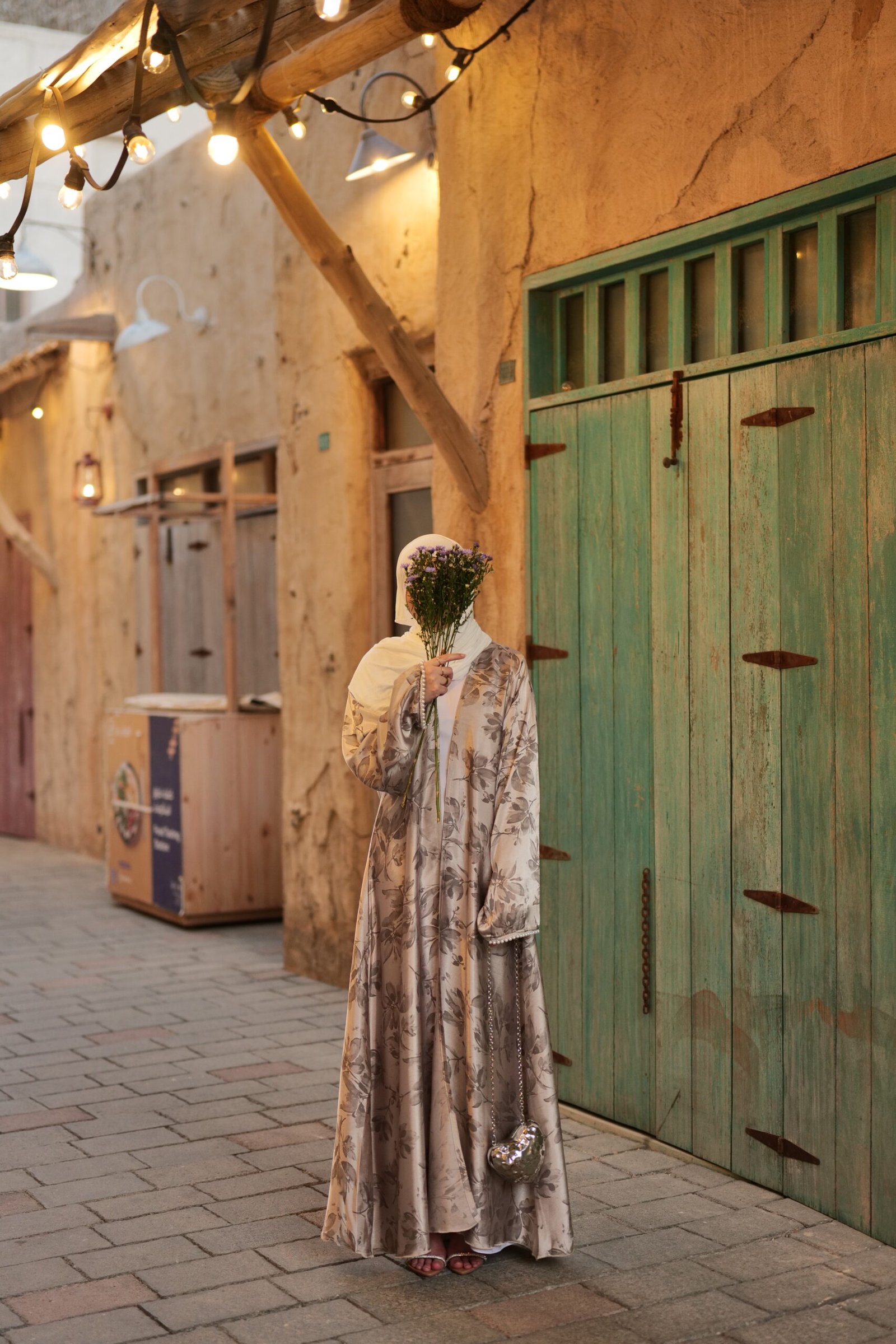 champagne pearl sleeve floral print abaya full view