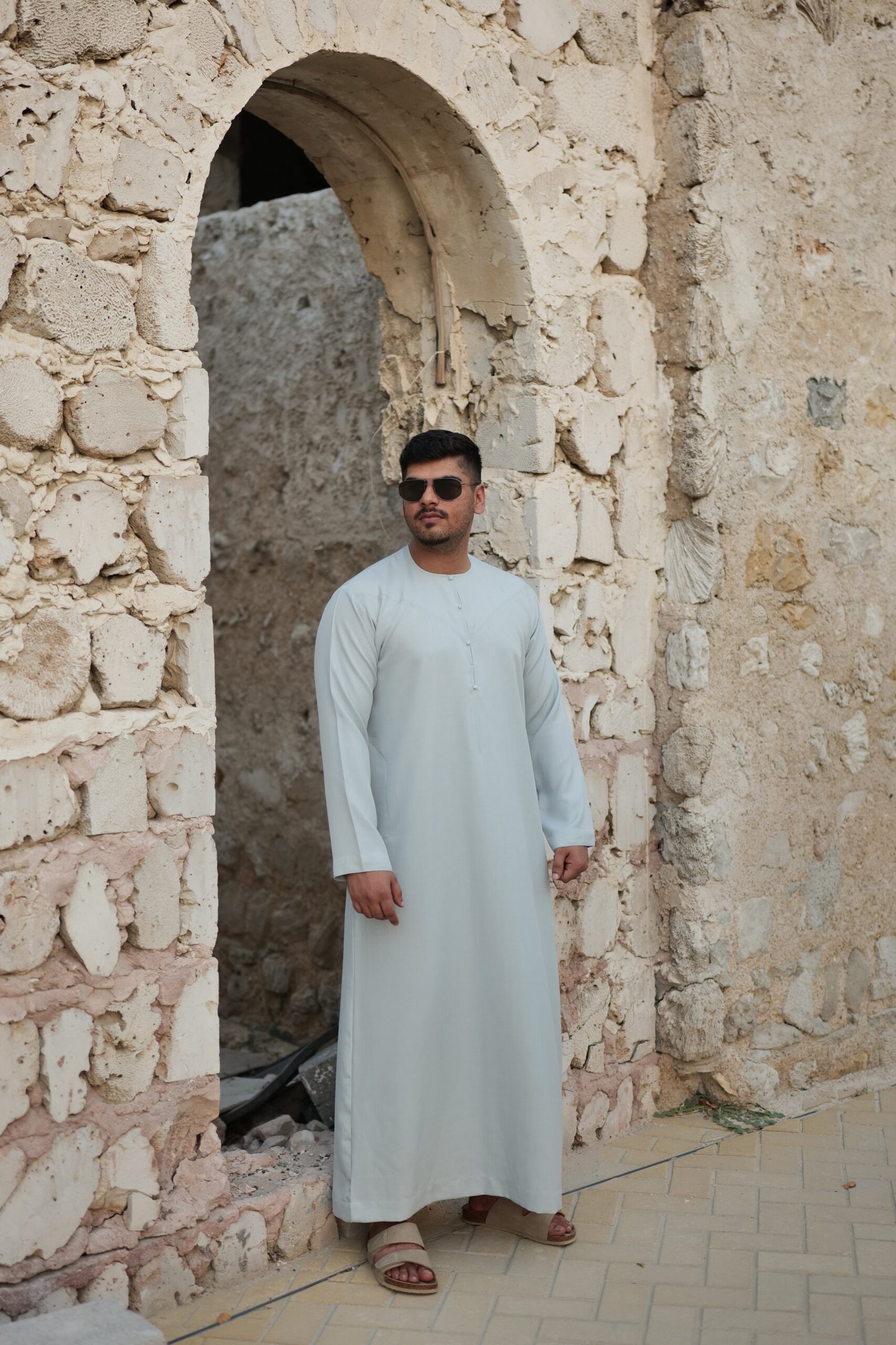 mens Blue Emirati thobe kandura premium fabric front view
