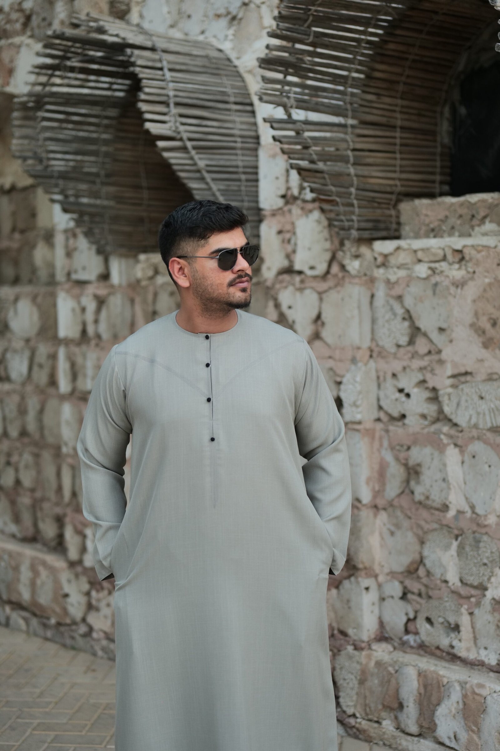 premium grey emirati thobe kandura with black buttons full view